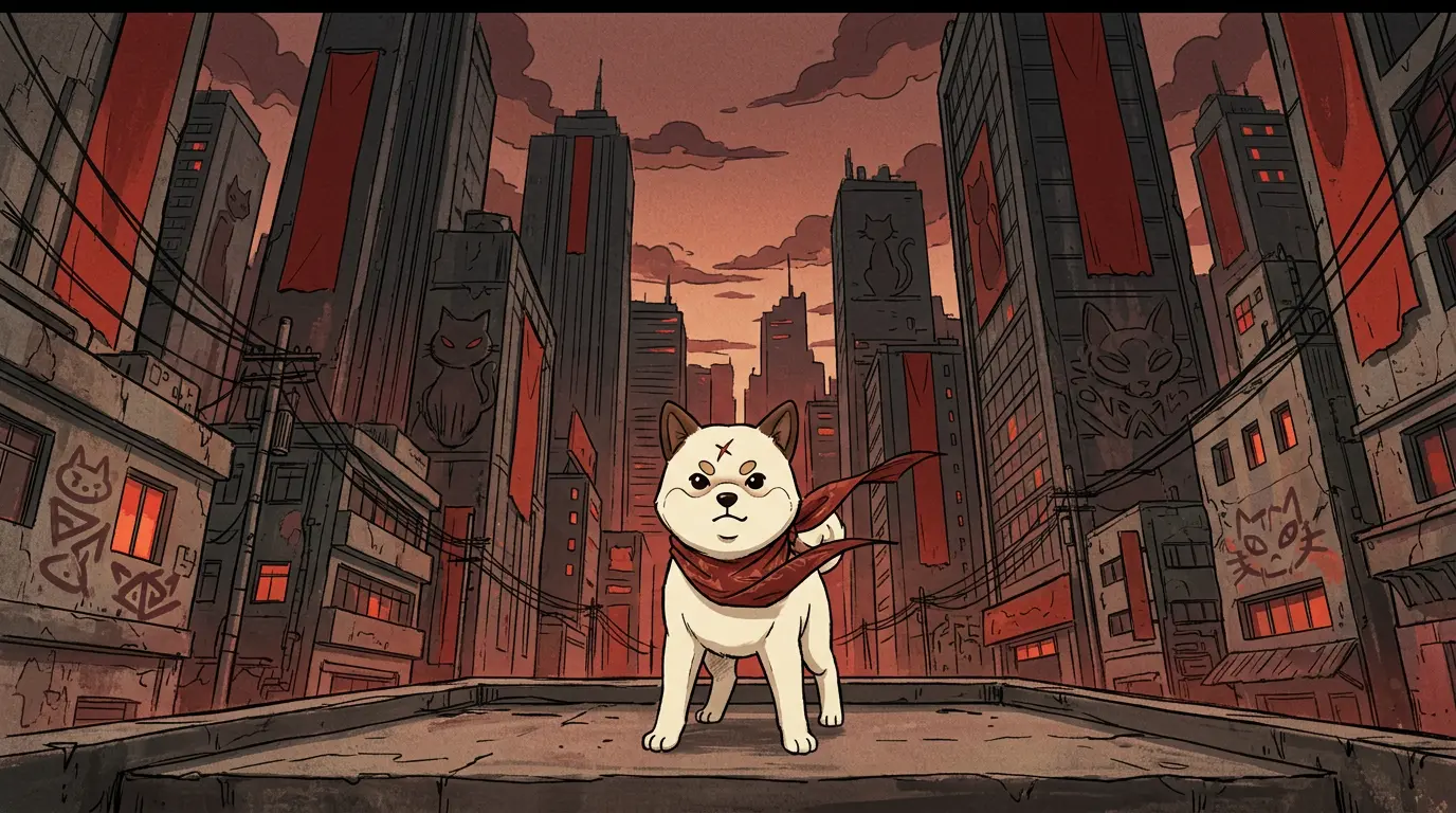BARK, a small dog with a red bandana, standing against a towering city ruled by cats