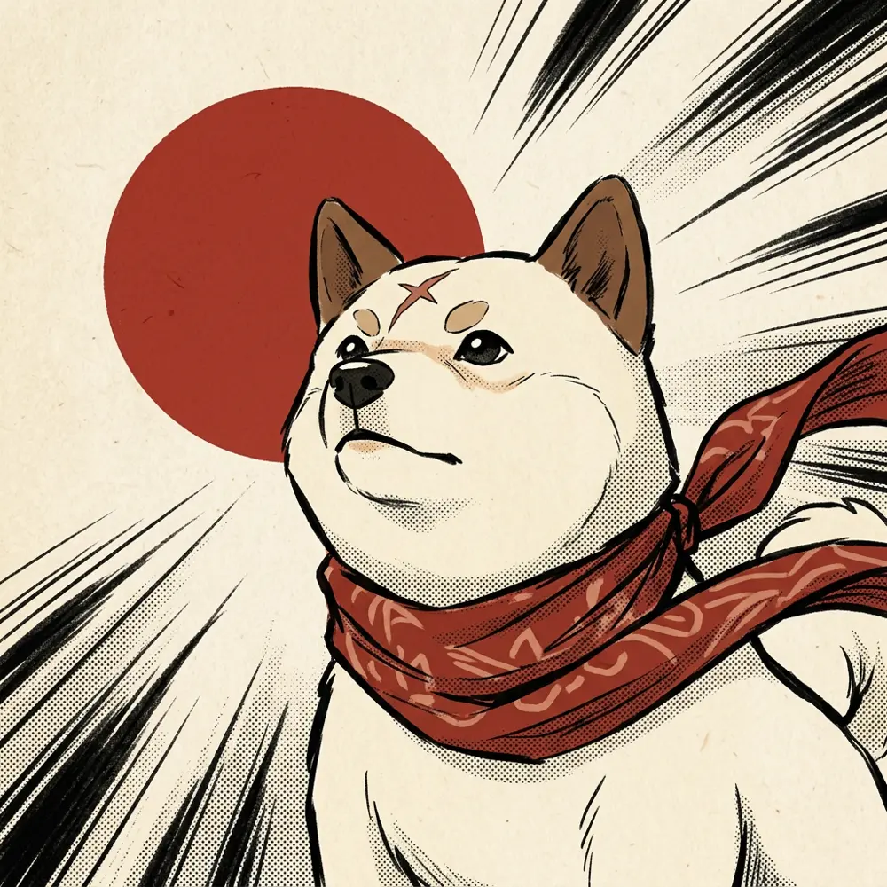 BARK, the cream-colored underdog with a red scarf, in an anime art print